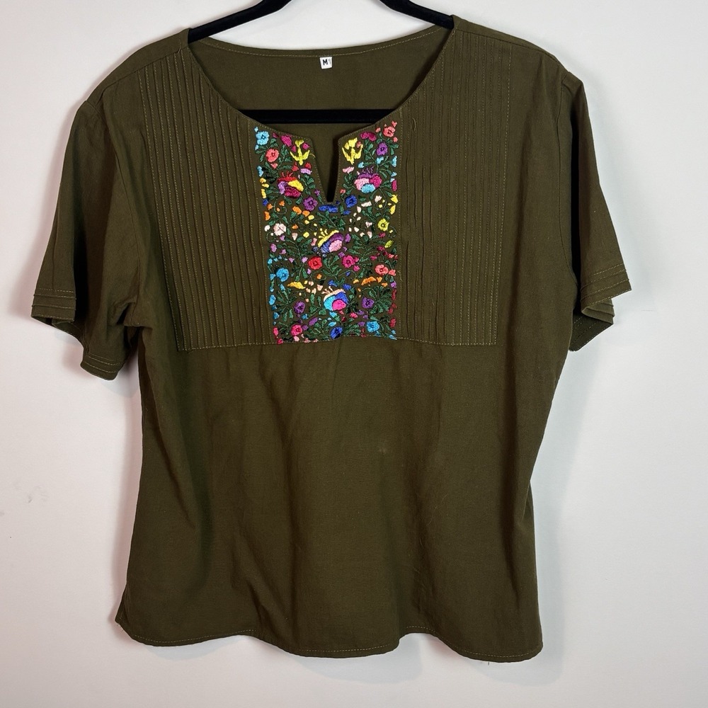 Handmade Womens Green Flower Embroidered Mexican Peasant Blouse Med Boho 70s